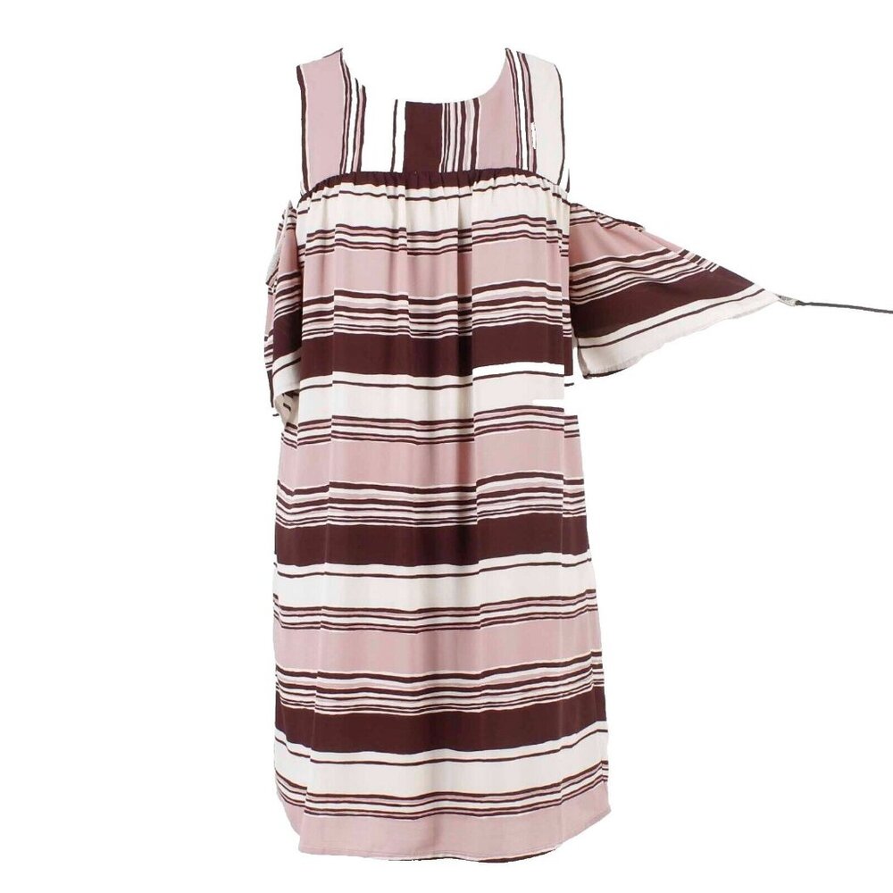 Blue Rain Sz M Mauve Multi Stripe Cold Shoulder Flutter Lined Poly Dress - Picture 2 of 5